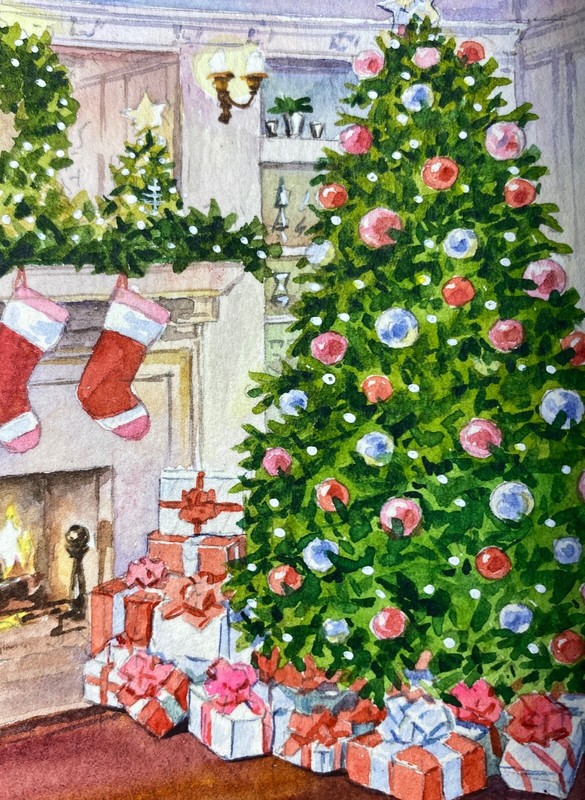 Watercolor Painting Christmas Tree Fireplace Winter ACEO Art No.83