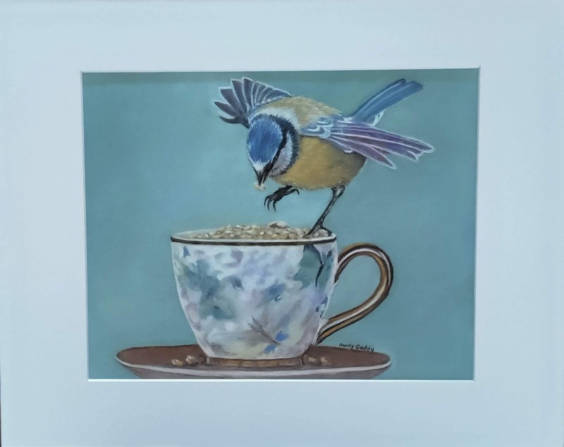 Original Expressive Tea Time Bird #1 14 x 11 Matted Pastel Painting gallery