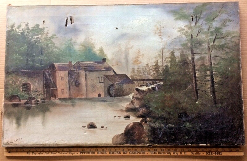 Distressed Antique Oil Painting Signed “T. Gainsboro” – Old Mill – 22”x36”