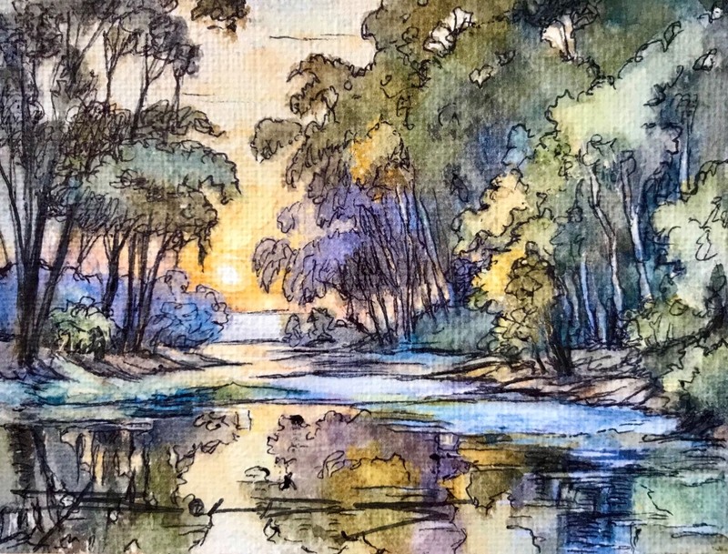 ORIGINAL Painted Pen and Watercolor (ACEO) Peace at Day’s End