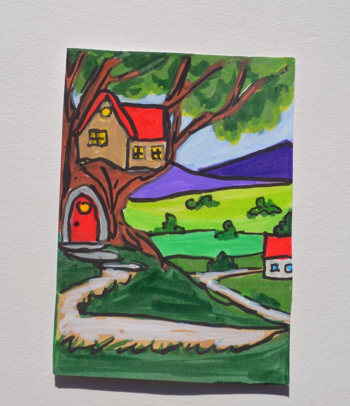 ACEO Original Fantasy Treehouse Original Art not a print mixed media