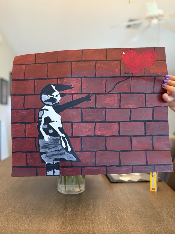 Banksy Street Art Graffiti Painting Girl Heart Balloon on Brick Wall, unframed.