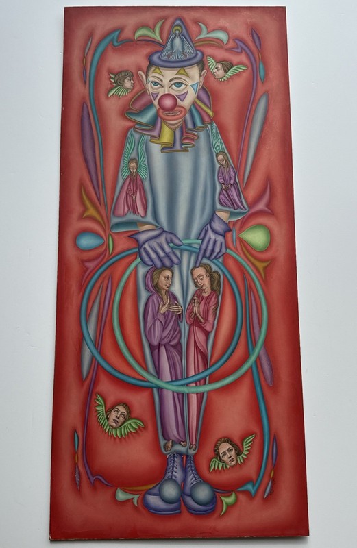 MID CENTURY PAINTING CLOWN JESTER ANGELS ICON SURREALIST MODERNIST LARGE EASTMAN gallery