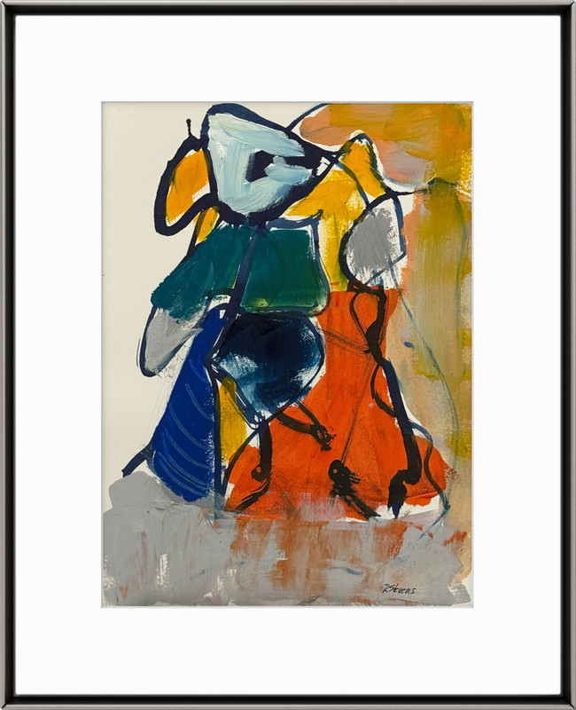 R Stevens Original Acrylic Abstract Painting Dynamic Orange Blue Green 9×12 Art