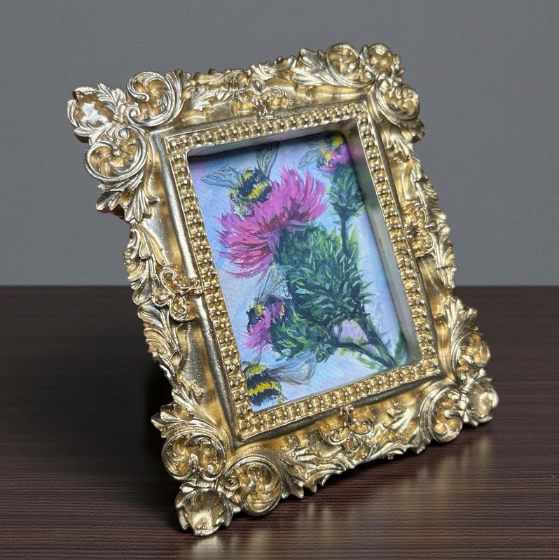 Bumble Bees Pollinating Flowers watercolor art print in mini gold ornate frame gallery