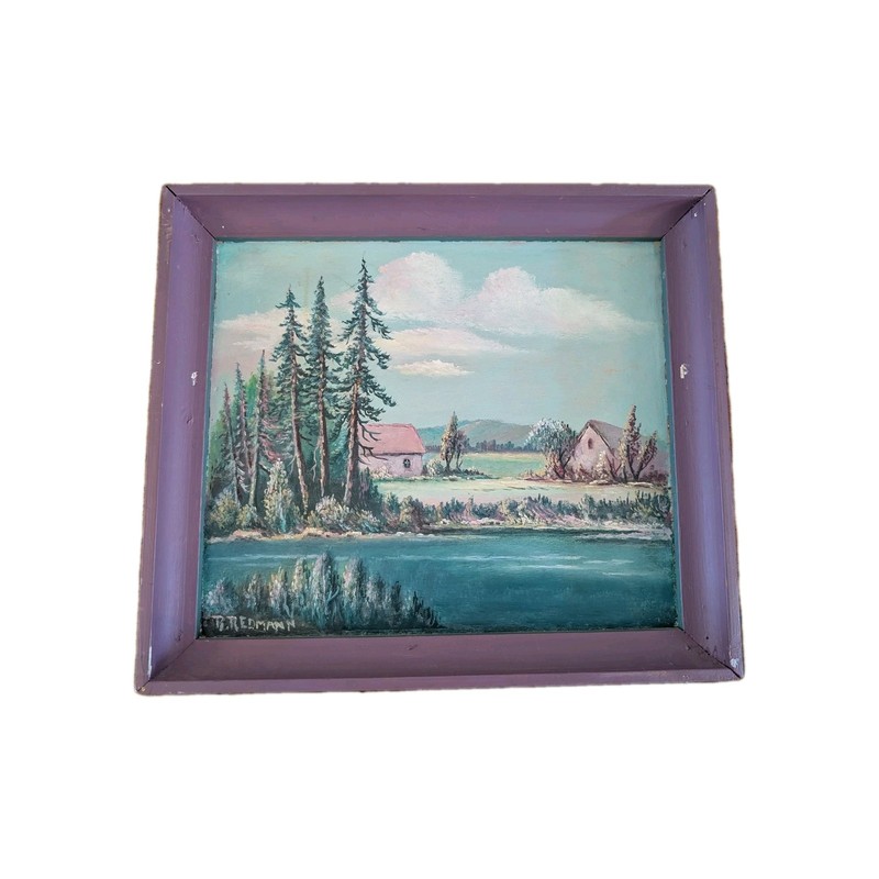 Vintage 1930-1950 R. Redmann Landscape Painting Oil on Board~West Coast Artist C