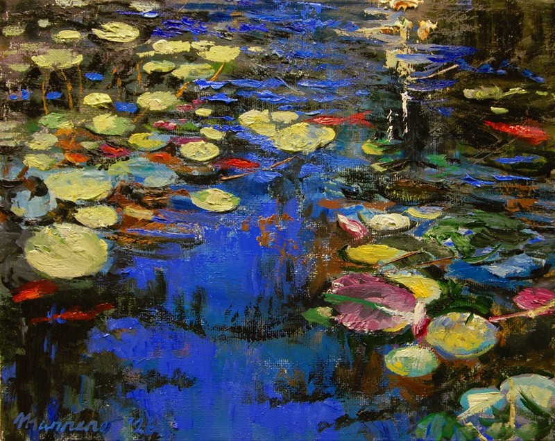 Hand Painted Oil Painting Landscape Water Lilies 8×10″ stretched canvas with COA