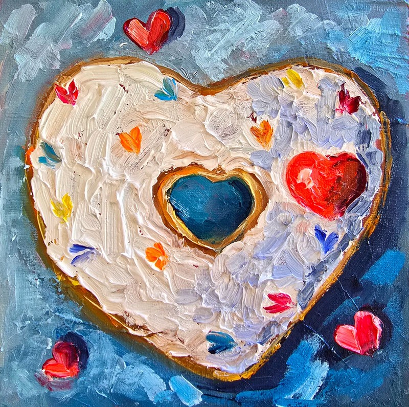 Heart Donut Oil Painting 15x15cm Colourful Sprinkles Original Painting on Painting Board