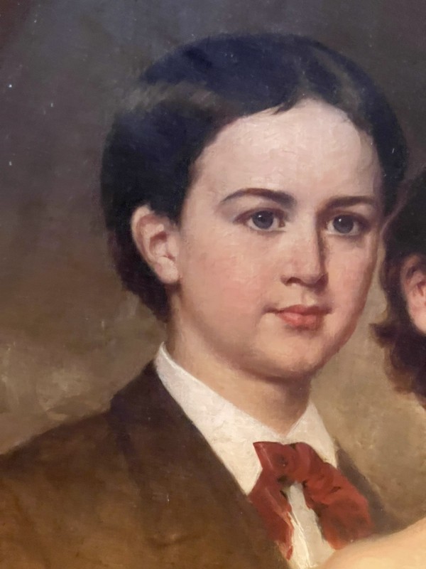 Antique 19thC American Victorian Portrait Painting of Siblings - Oil On Canvas gallery
