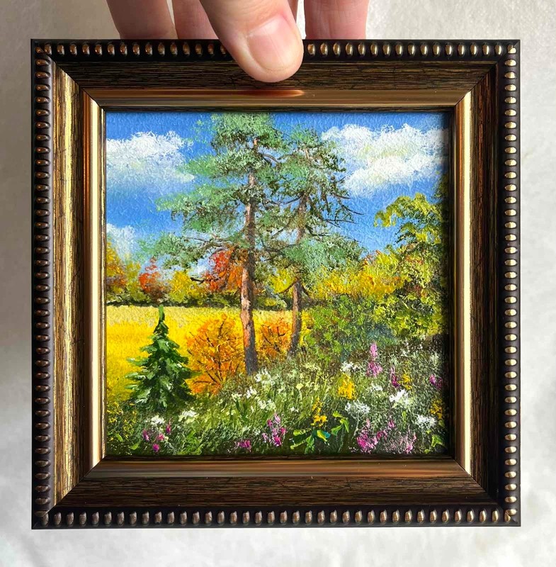 Autumn Original Oil Painting Landscape Field Trees Small Wall Art 4 x 4 in gallery