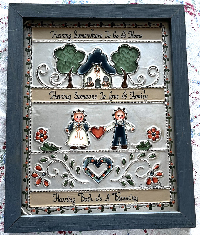 Vintage Handmade Punched Metal Painting Framed Folk Art Cottagecore Wall Artwork gallery