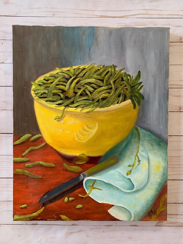 GREEN BEAN STILL LIFE OIL PAINTING VEGETABLE Vtg ORIGINAL SIGNED KITCHEN ART gallery