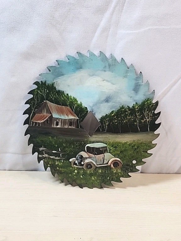 Vintage Hand Painted Saw Blade 7″ Signed Helen Country Barn Rustic Home Decor_AP