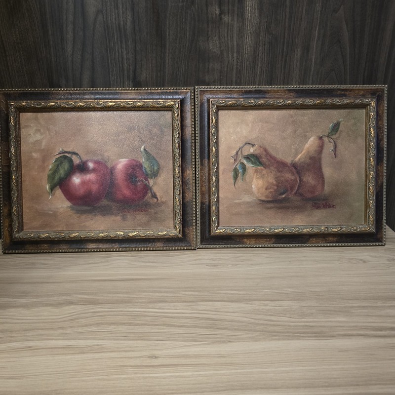 Pair Lisa White Framed Still Life Fruit Paintings Apples Pears 12.5″ x 10.5″