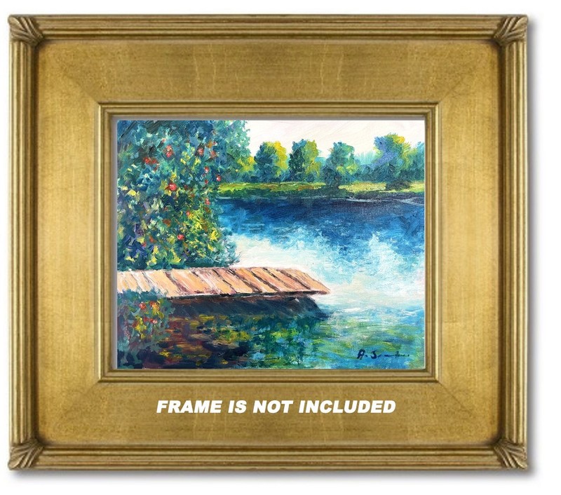 ORIGINAL OIL PAINTING LANDSCAPE LAKE DOCK IMPRESSIONIST WALL ART 12×16