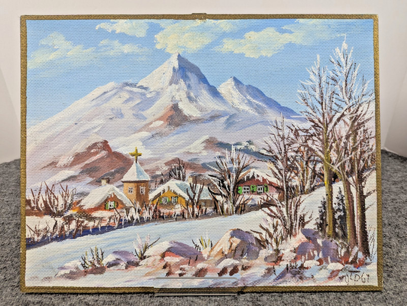 Vintage OOAK Marta P Tzschentke Oil Painting on Board German French Village Alps