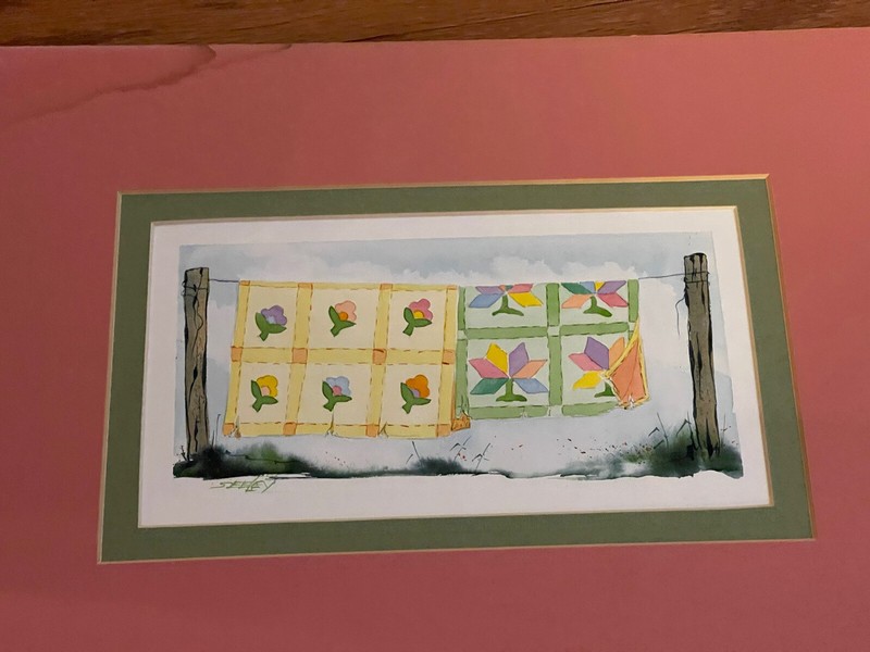 Vtg GA artist Kate Seeley Quilts On Clothesline Watercolor Signed ~10×6”