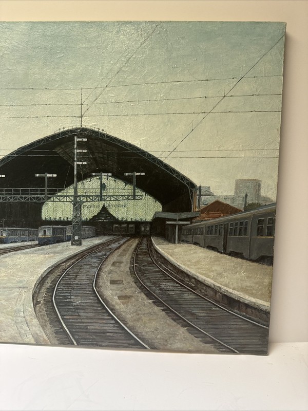 VINTAGE TRAIN STATION PAINTING URBAN REGIONALISM TRACKS RAILROAD ARCHITECTURE gallery