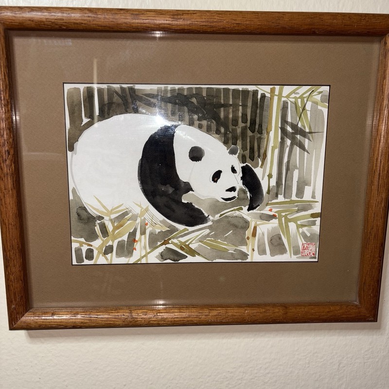 Vintage Oriental Panda Bear Bamboo Watercolor Painting STAMPED 15” x 12” Framed
