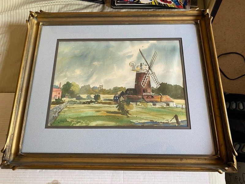 Framed original watercolor Cley Windmill Norfolk England Douglas Ettridge 1968