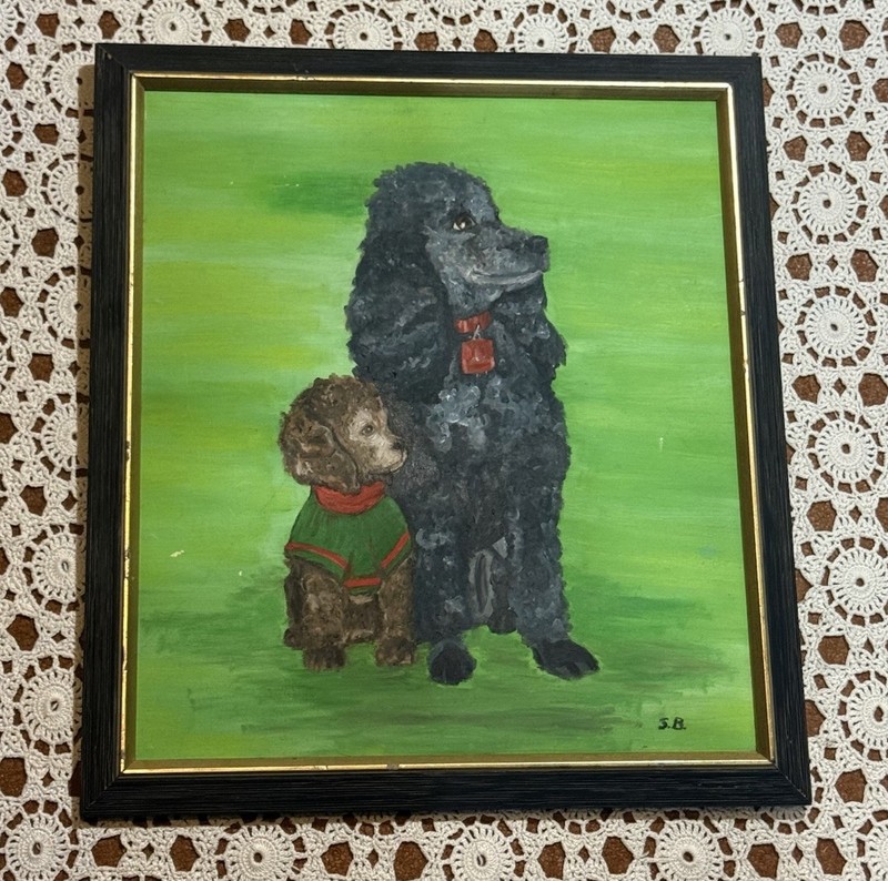 Handpainted Artist Signed Poodle Painting Framed Dogs Poodles Art Decor