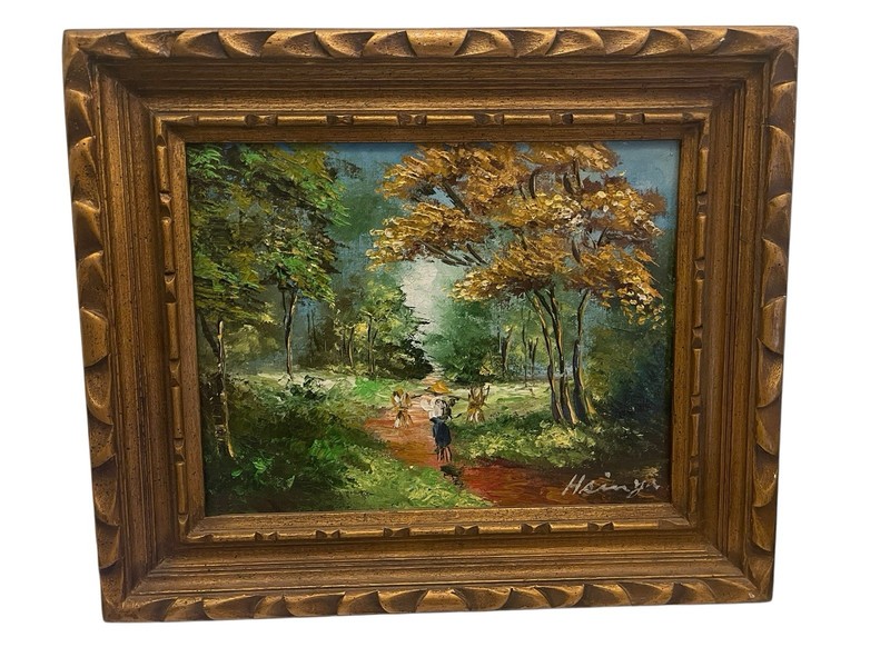 VTG H SINYA Signed MCM Oriental Life Landscape Framed Acrylic Painting 19”x16”