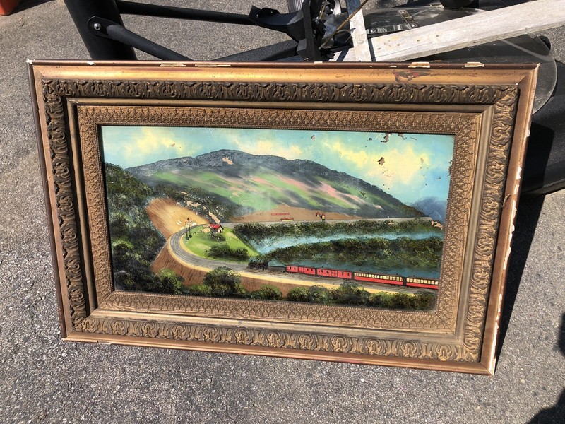 Antique Reverse Oil on Glass Painting Folk Art Landscape Train in Original Frame