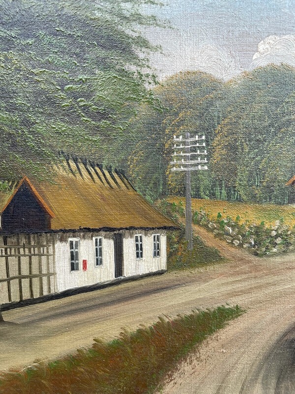 UNKNOWN PAINTER VILLAGE ROAD WITH COUNTRY HOUSES DECIDUOUS TREES OIL PAINTINGS CIRCA 1920 gallery