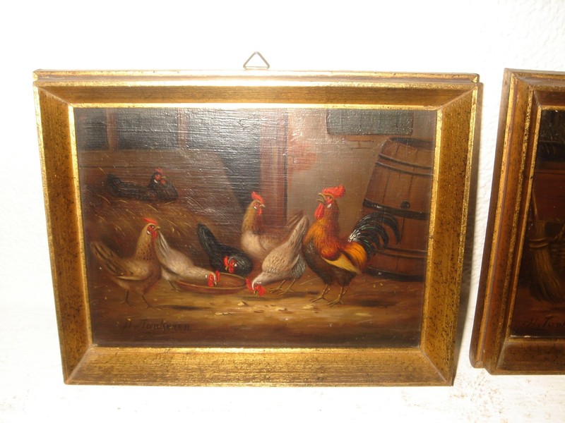 Antique oil painting, 1. { H. van Tankeren (1900 – 1980), Rooster with chickens.