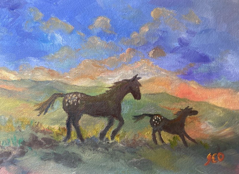 Original Oil Painting 5×7” Horses On The Run.
