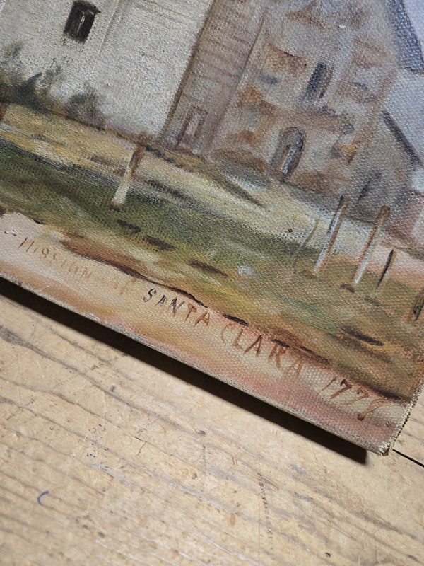 Antique Spanish Mission Santa Clara De Asis Landscape Oil Painting San Jose CA gallery