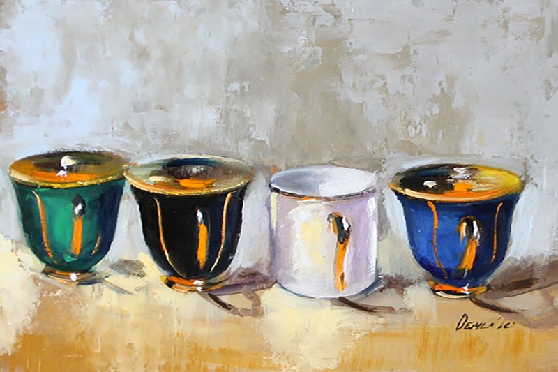 VINTAGE WHITE gold and green cups Oil Painting 8x12in UKRANE