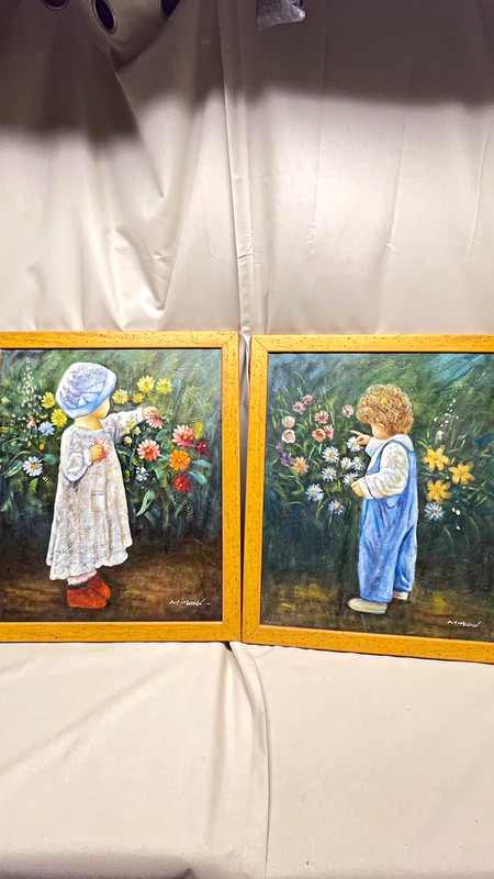 M. Harold Signed Framed Diptych Canvas Paintings Set, Children & Flowers