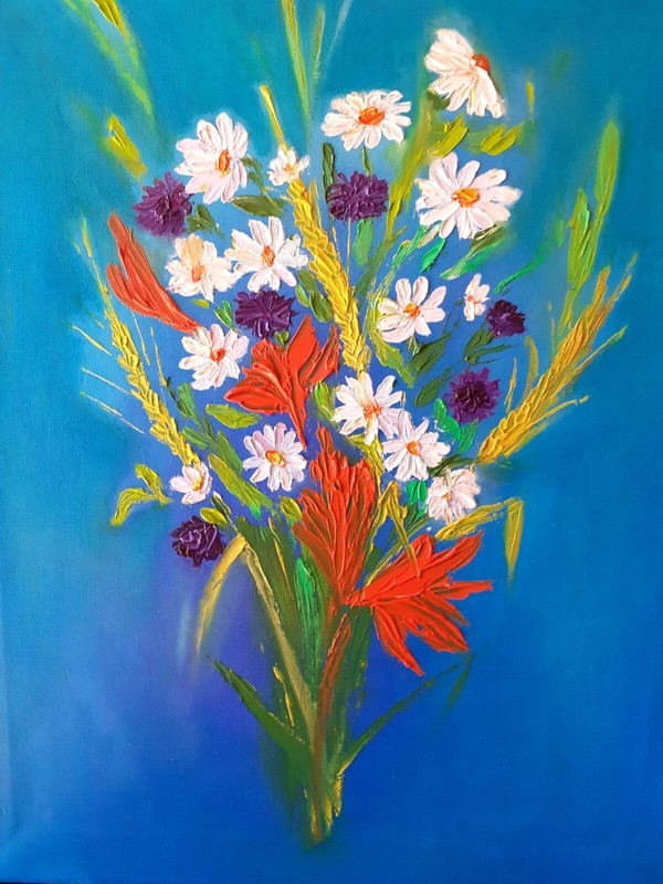 Original oil painting Wildflowers Summer bouquet with daisies Stretched canvas o