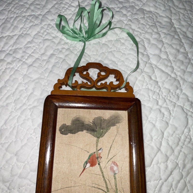 Small two sided Asian painting, original handpainted, flowers, floral birds gallery