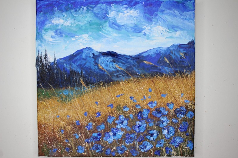 Original Acrylic Painting on Canvas Landscape of Mountain Flowers Wall Decor gallery