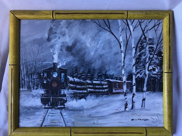 BILL PAXTON «TRAIN AND SNOW SCENE»,OIL ON CANVAS BOARD,SIGNED.