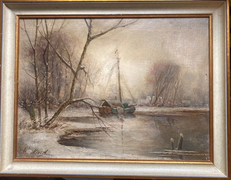 ::OIL PAINTING SIGN. H. KLEIST WINTER LANDSCAPE BY THE LAKE WITH BOAT BIEDERMEIER STYLE