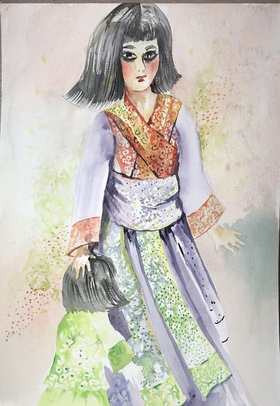Watercolor Painting Portrait Girl Joan Perry Original Vintage Art 14” W x 20” H