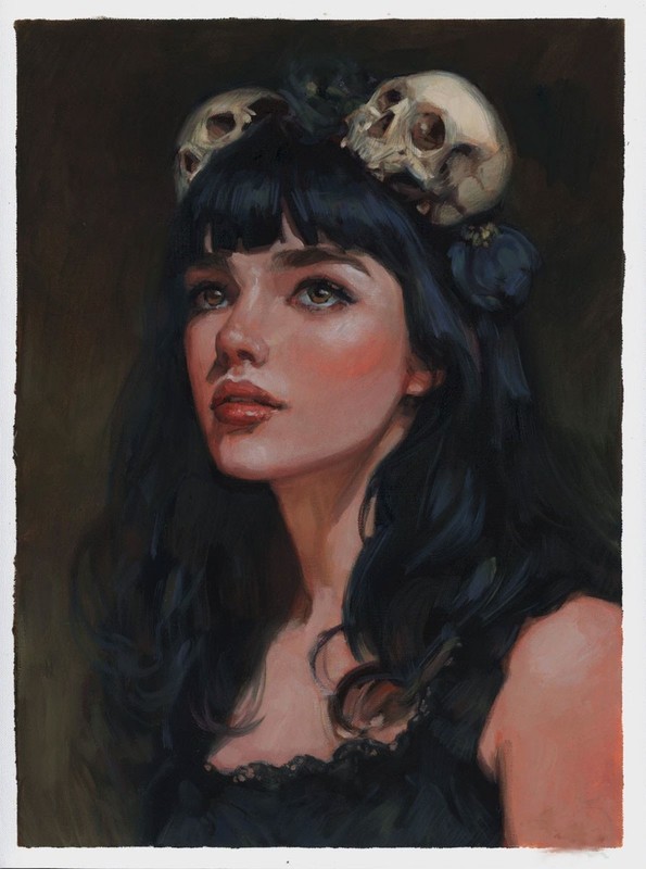 MQ765 Stretched Canvas Frame / Unframed Handmade Girl & Skull Oil Painting