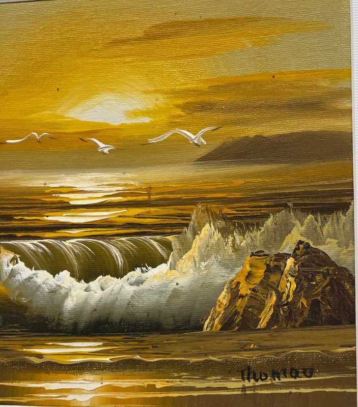 Vtg 8x10" Original Beach Seascape Ocean Seagull Sunset Signed Painting on Board gallery