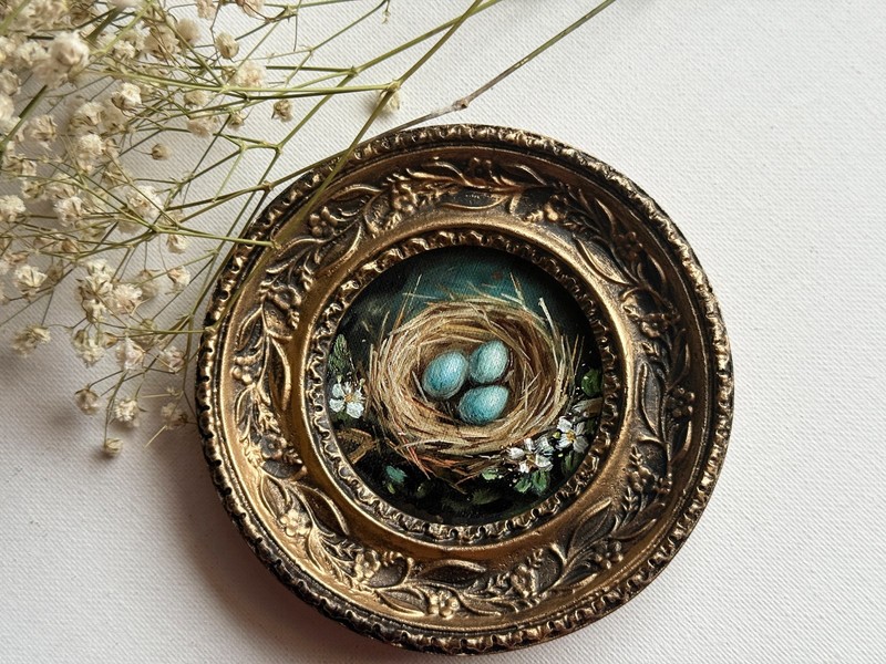 Original Oil Painting Miniature Gold Framed Bird Nest Hand Painted Art gallery