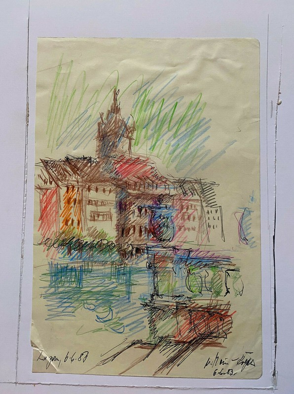 Drawing Sign. Walter Maier-Kößler 1983 Harbor Old Town Church in Lucerne