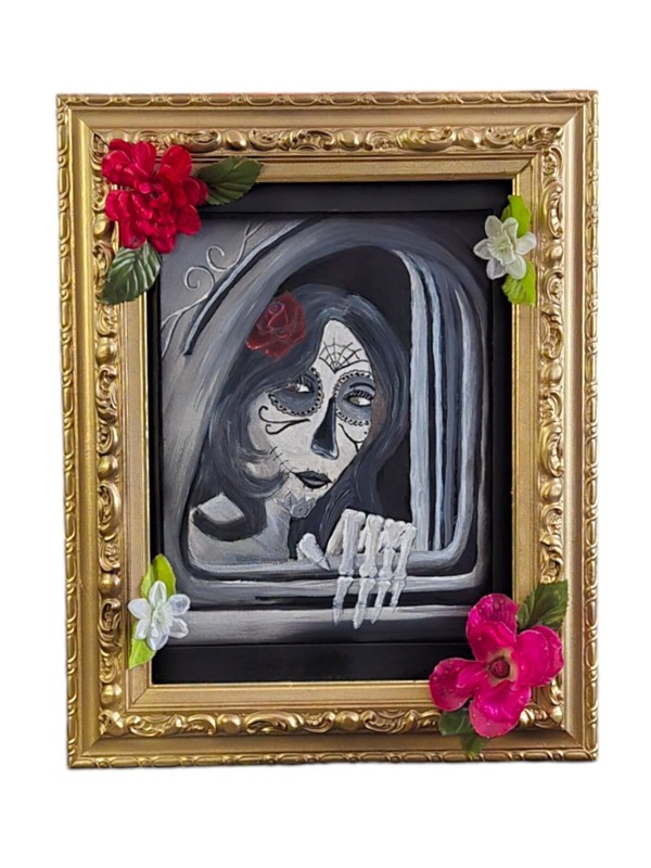 Large 22″ x 17″ Black and White «Classic Beauty» Sugar Skull Framed Painting