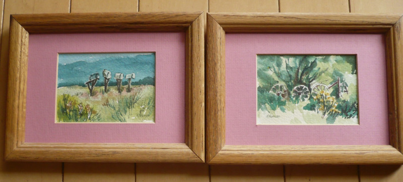 FRANCILU HANSEN, PAIR OF VINTAGE WATERCOLOR, LANDSCAPE SCENE FARM RURAL SIGNED