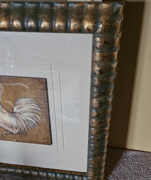 Unique Double Matted Rooster Painting Wood Framed 14x14 gallery