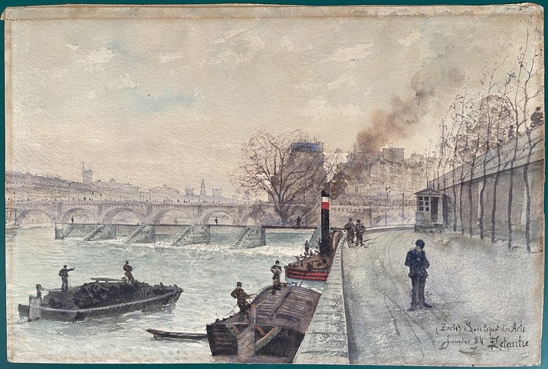 Antique Pont Des Arts Seine Paris France Watercolor Painting 19th Century SIGNED