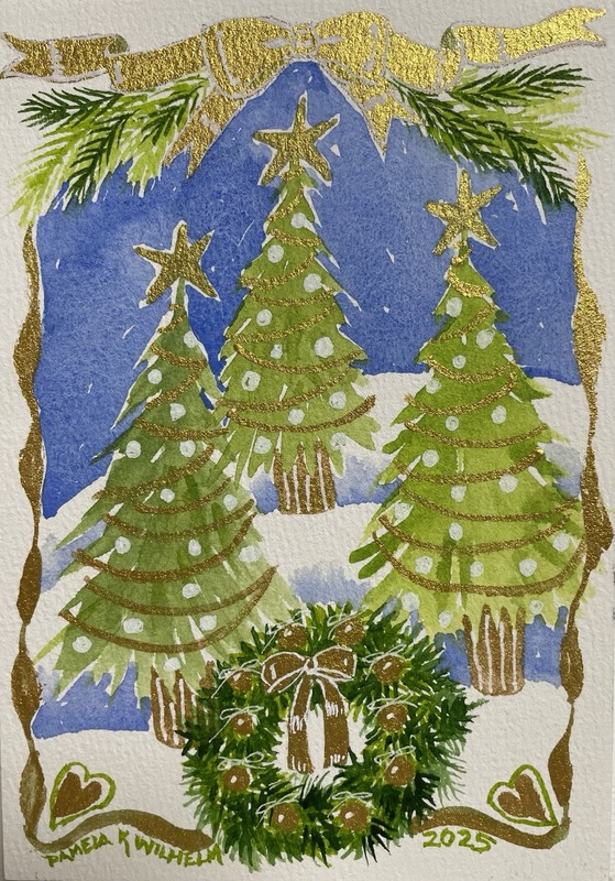 5”x7” Pamela Wilhelm Original Watercolor 3 Whimsical Christmas Trees Gold Ribbon