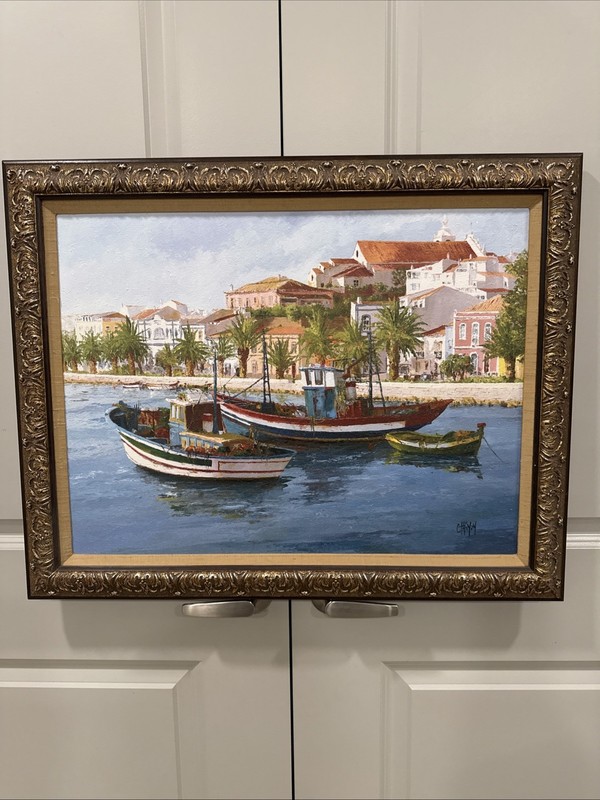 Signed Oil Painting Canvas/Fishing Boats/Nautical/Sea Scape/Harbor Ships 29x23 gallery