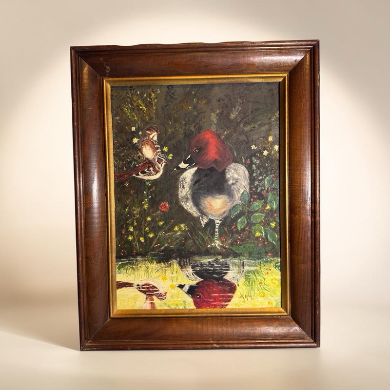A. King 1975 OIL ON BOARD Red Head Duck Pond Reflection Redhead Birds 20 X 16”